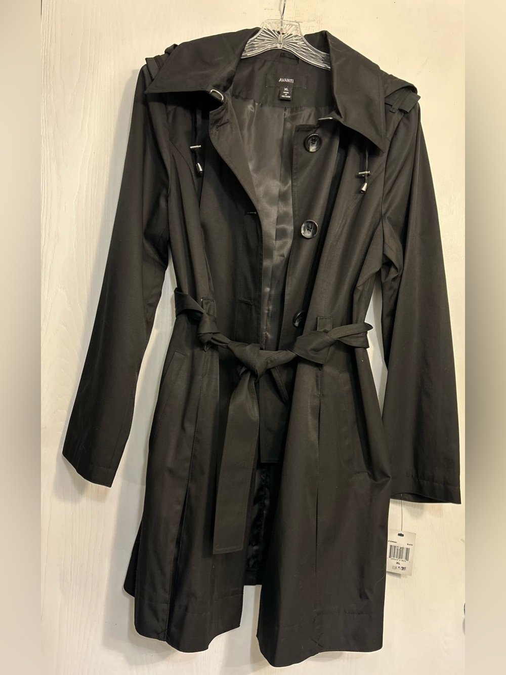 Avanti NWT Contemporary Classic Black Rain Ladies Trench Coat Belted Hooded XL.